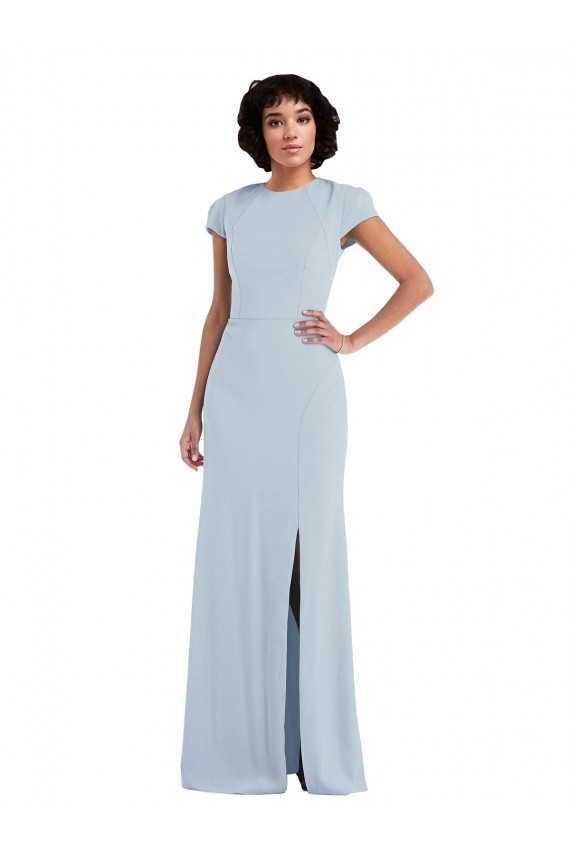 Boutique Bleu ciel clair Trompette Col bijou Crêpe Stretch Longue Robes demoiselle d'honneur