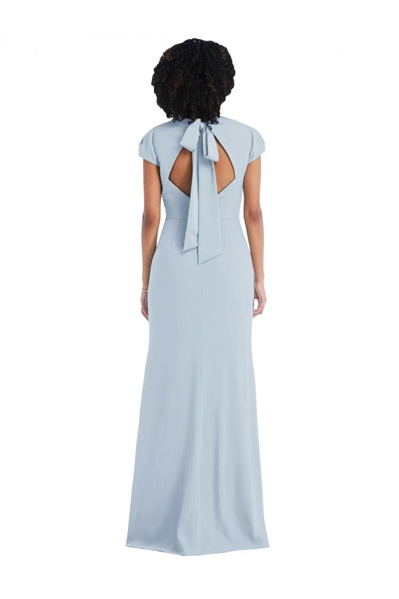 Boutique Bleu ciel clair Trompette Col bijou Crêpe Stretch Longue Robes demoiselle d'honneur