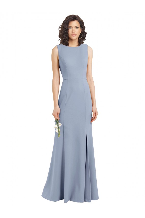 Boutique Bleu fumée Fourreau Col Bateau Col Haut Crêpe Stretch Longue Robes demoiselle d'honneur