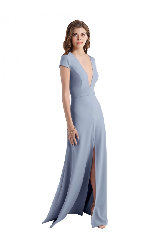 Boutique Bleu fumée Fourreau Col V Crêpe Stretch Longue Robes demoiselle d'honneur / Robes de bal