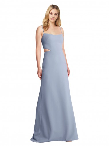 Boutique Bleu fumée Trapèze Bretelles spaghetti Scoop Crêpe Stretch Longue Robes demoiselle d'honneur / Robes de bal