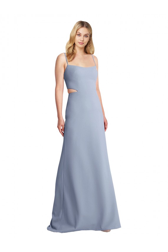 Boutique Bleu fumée Trapèze Bretelles spaghetti Scoop Crêpe Stretch Longue Robes demoiselle d'honneur / Robes de bal