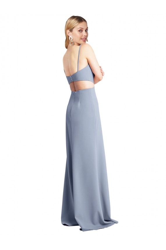 Boutique Bleu fumée Trapèze Bretelles spaghetti Scoop Crêpe Stretch Longue Robes demoiselle d'honneur / Robes de bal