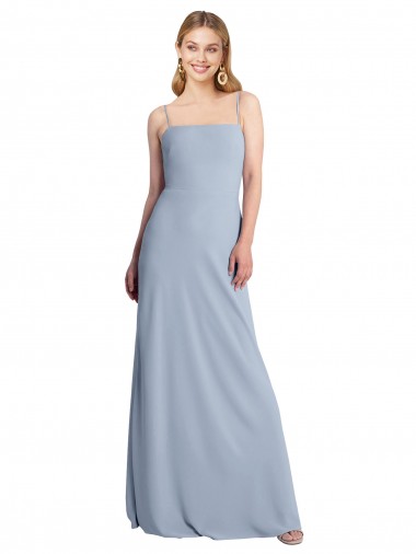 Boutique Bleu fumée Trapèze Col Carré Crêpe Stretch Longue Robes demoiselle d'honneur / Robes de bal