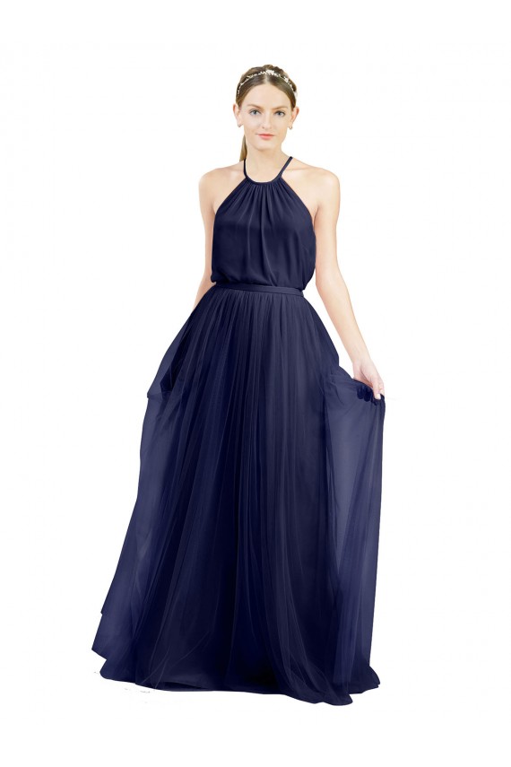 Boutique Bleu marine 21 Trapèze Licou Col Haut Tulle Longue Robes demoiselle d'honneur