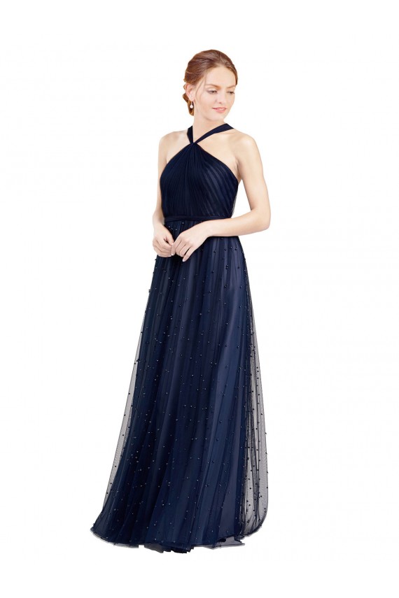 Boutique Bleu marine 21 Trapèze Licou Tulle Longue Robes demoiselle d'honneur