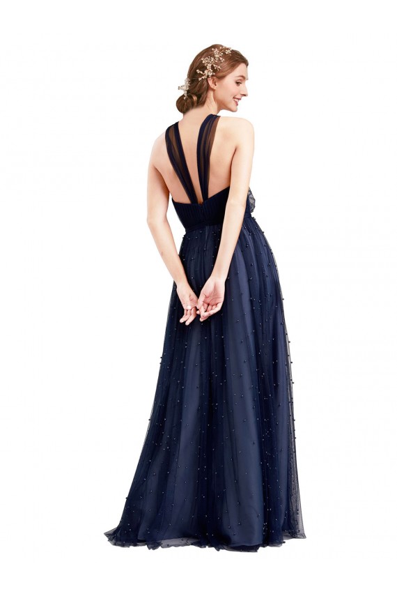 Boutique Bleu marine 21 Trapèze Licou Tulle Longue Robes demoiselle d'honneur