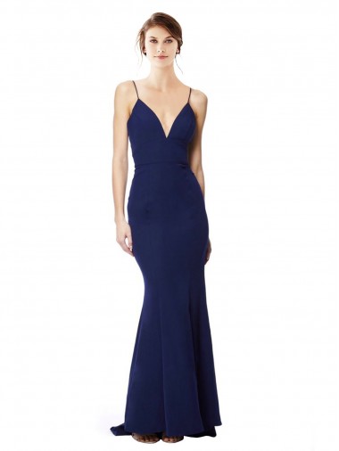 Boutique Bleu marine Sirène Bretelles spaghetti Col V Crêpe Stretch Longue Formelles Robes demoiselle d'honneur / Robes de soirée / Robes de bal