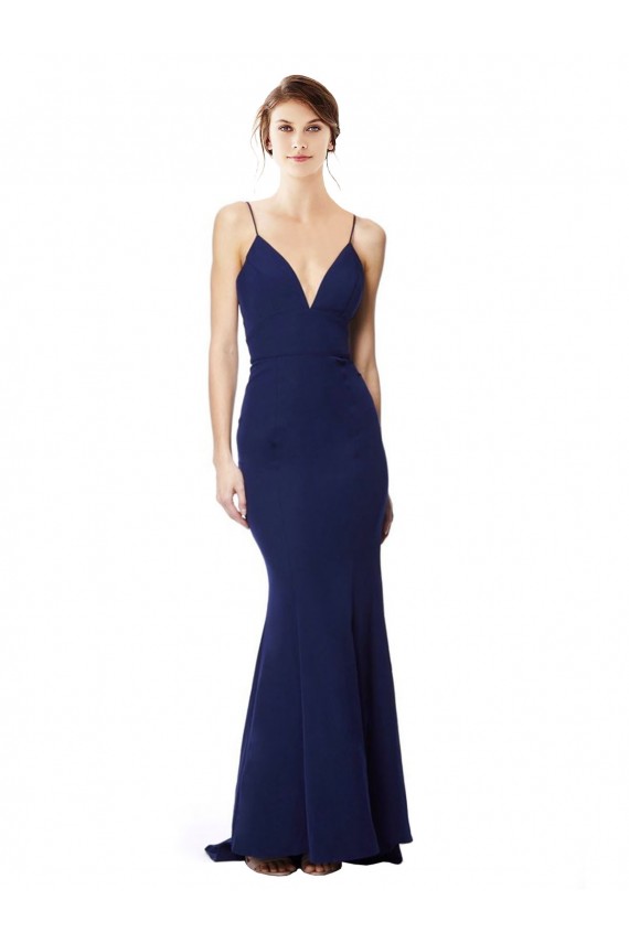 Boutique Bleu marine Sirène Bretelles spaghetti Col V Crêpe Stretch Longue Formelles Robes demoiselle d'honneur / Robes de soirée / Robes de bal
