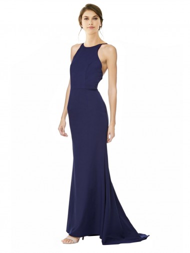 Boutique Bleu marine Sirène Licou Col Haut Crêpe Stretch Longue Formelles Robes demoiselle d'honneur / Robes de soirée / Robes de bal