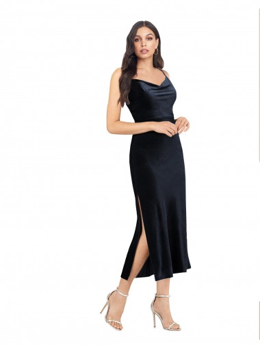 Boutique Bleu marine foncé Colonne midi Velours Stretch Courte Robes demoiselle d'honneur / Robes de soirée / Robes de cocktail