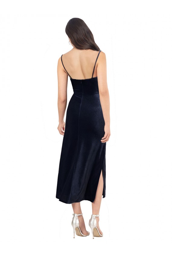 Boutique Bleu marine foncé Colonne midi Velours Stretch Courte Robes demoiselle d'honneur / Robes de soirée / Robes de cocktail