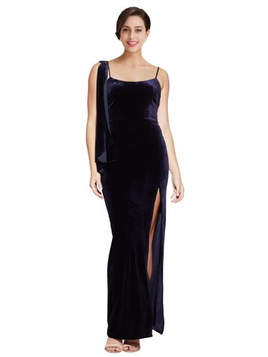 Boutique Bleu marine foncé Fourreau Bretelles spaghetti Col Carré Velours Stretch Longue Formelles Robes demoiselle d'honneur / Robes de soirée / Robes de bal