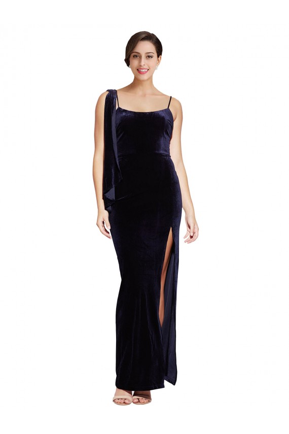 Boutique Bleu marine foncé Fourreau Bretelles spaghetti Col Carré Velours Stretch Longue Formelles Robes demoiselle d'honneur / Robes de soirée / Robes de bal