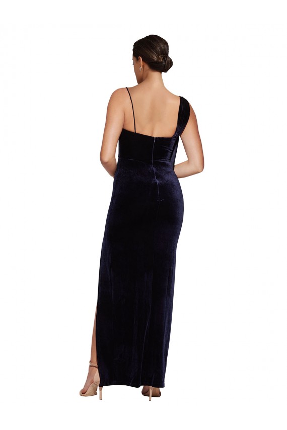 Boutique Bleu marine foncé Fourreau Bretelles spaghetti Col Carré Velours Stretch Longue Formelles Robes demoiselle d'honneur / Robes de soirée / Robes de bal