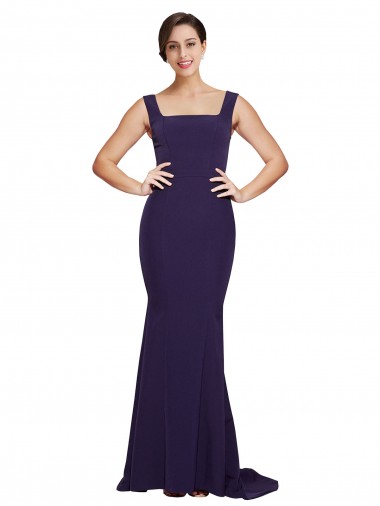 Boutique Bleu marine foncé Fourreau Col Carré Balayage train Crêpe Stretch Longue Robes demoiselle d'honneur / Robes de bal