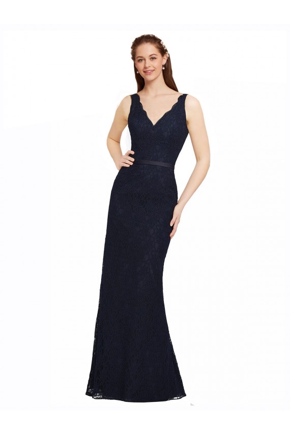 Boutique Bleu marine foncé Fourreau Col V Dentelle Longue Robes demoiselle d'honneur