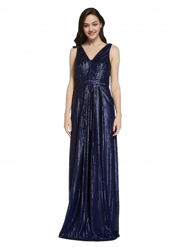 Boutique Bleu marine foncé Fourreau Col V Paillette Longue Formelles Robes demoiselle d'honneur / Robes de soirée / Robes de bal