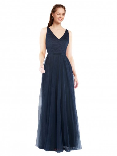 Boutique Bleu marine foncé Fourreau Col V Tulle Longue Robes demoiselle d'honneur
