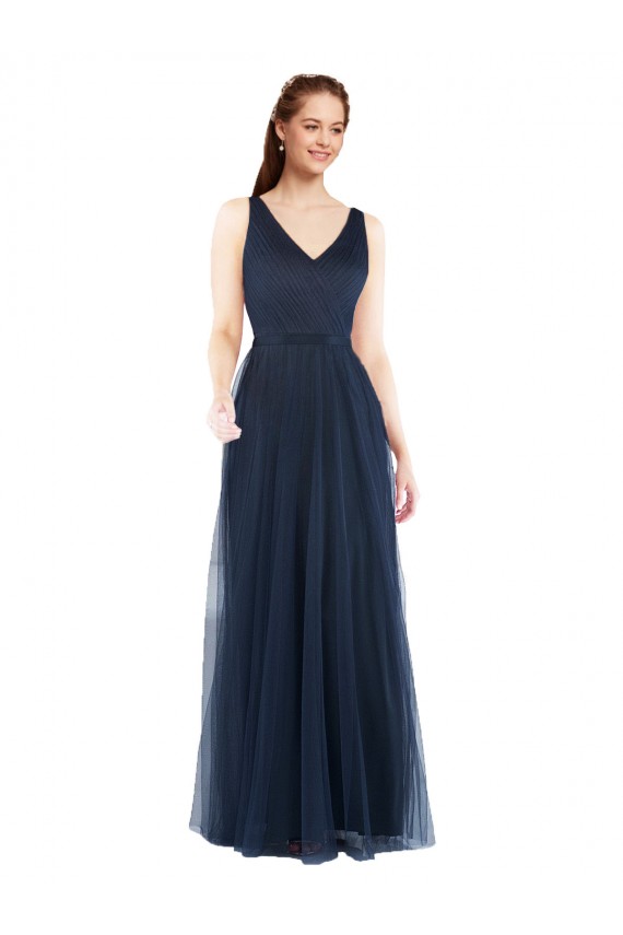 Boutique Bleu marine foncé Fourreau Col V Tulle Longue Robes demoiselle d'honneur