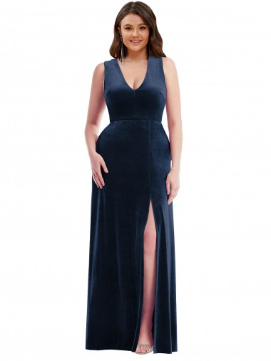 Boutique Bleu marine foncé Fourreau Col V Velours Stretch Longue Formelles Robes demoiselle d'honneur / Robes de soirée / Robes de bal