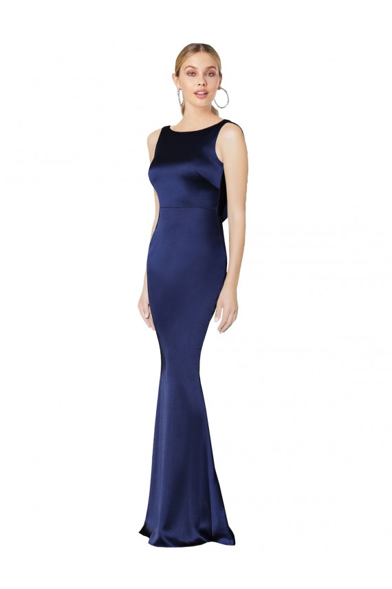 Boutique Bleu marine foncé Fourreau Licou Col Haut Satiné Stretch Longue Formelles Robes demoiselle d'honneur / Robes de soirée / Robes de bal
