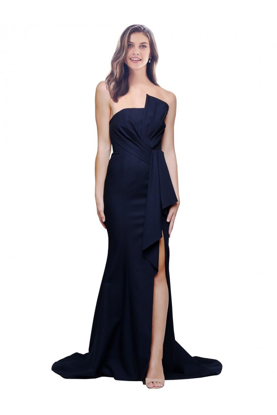 Boutique Bleu marine foncé Fourreau Sans bretelle Balayage train Crêpe Stretch Longue Robes demoiselle d'honneur / Robes de bal