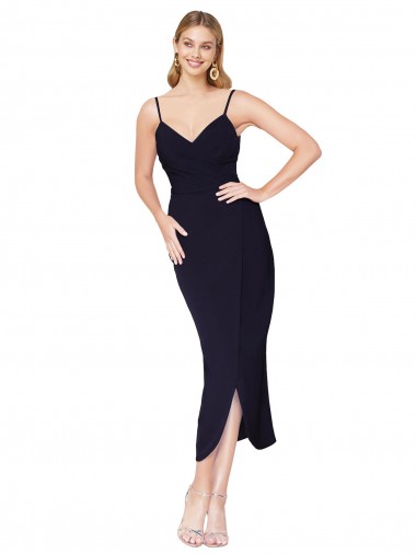 Boutique Bleu marine foncé Sirène Bretelles spaghetti Crêpe Stretch Courte Asymétrique Robes demoiselle d'honneur / Robes de soirée / Robes de cocktail
