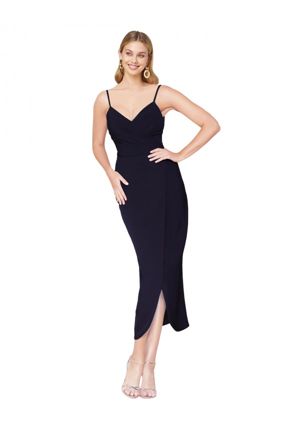 Boutique Bleu marine foncé Sirène Bretelles spaghetti Crêpe Stretch Courte Asymétrique Robes demoiselle d'honneur / Robes de soirée / Robes de cocktail
