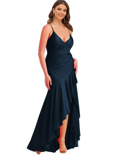 Boutique Bleu marine foncé Sirène Bretelles spaghetti Satiné Soyeux Longue Asymétrique Formelles Robes demoiselle d'honneur / Robes de soirée / Robes de bal