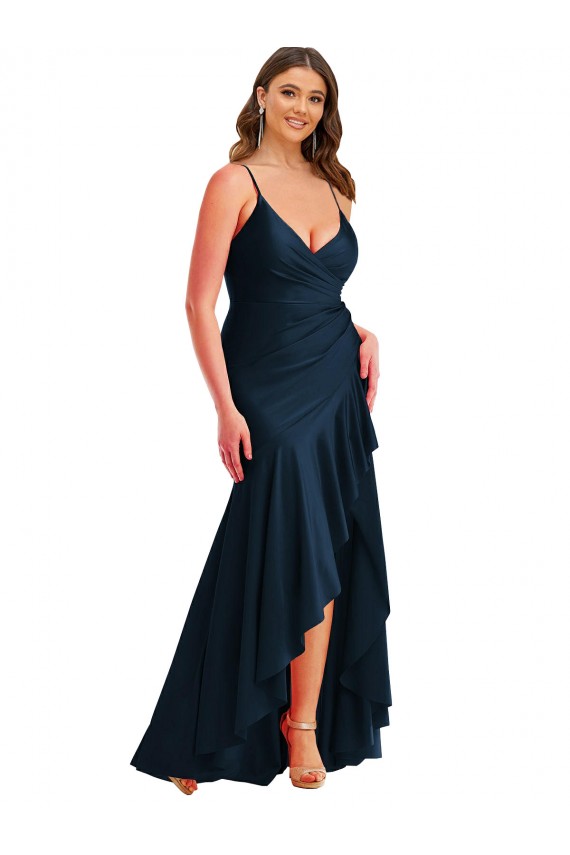 Boutique Bleu marine foncé Sirène Bretelles spaghetti Satiné Soyeux Longue Asymétrique Formelles Robes demoiselle d'honneur / Robes de soirée / Robes de bal