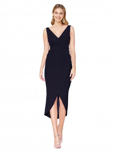 Boutique Bleu marine foncé Sirène Col V Crêpe Stretch Courte Asymétrique Robes demoiselle d'honneur / Robes de soirée / Robes de cocktail