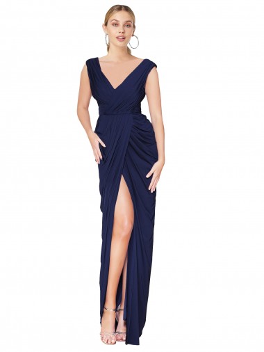 Boutique Bleu marine foncé Sirène Col V Mousseline Longue Formelles Robes demoiselle d'honneur / Robes de soirée / Robes de bal