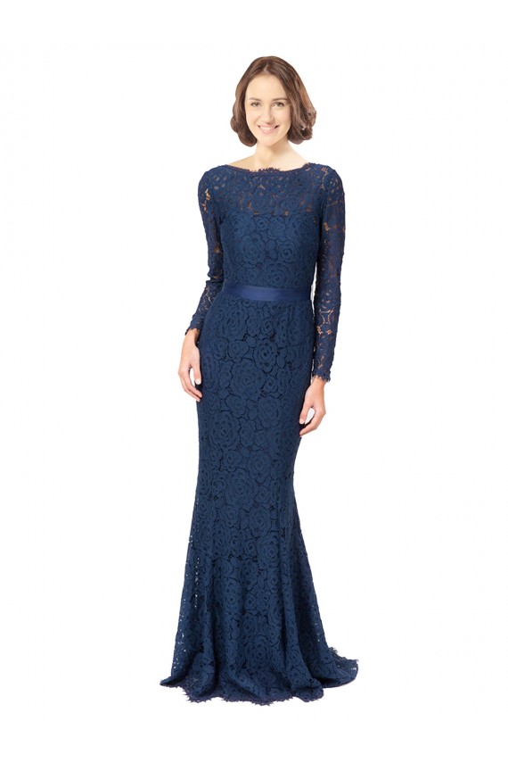 Boutique Bleu marine foncé Sirène Col bijou Balayage train Dentelle Longue Robes demoiselle d'honneur