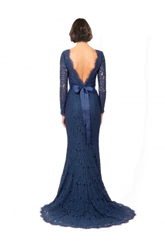 Boutique Bleu marine foncé Sirène Col bijou Balayage train Dentelle Longue Robes demoiselle d'honneur