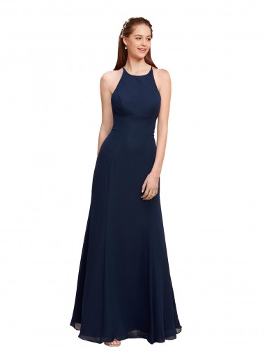 Boutique Bleu marine foncé Sirène Licou Col Haut Mousseline Longue Robes demoiselle d'honneur / Robes de bal