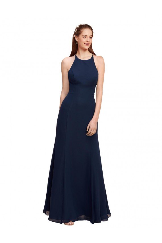 Boutique Bleu marine foncé Sirène Licou Col Haut Mousseline Longue Robes demoiselle d'honneur / Robes de bal