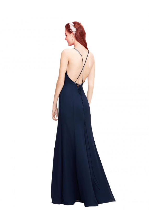 Boutique Bleu marine foncé Sirène Licou Col Haut Mousseline Longue Robes demoiselle d'honneur / Robes de bal