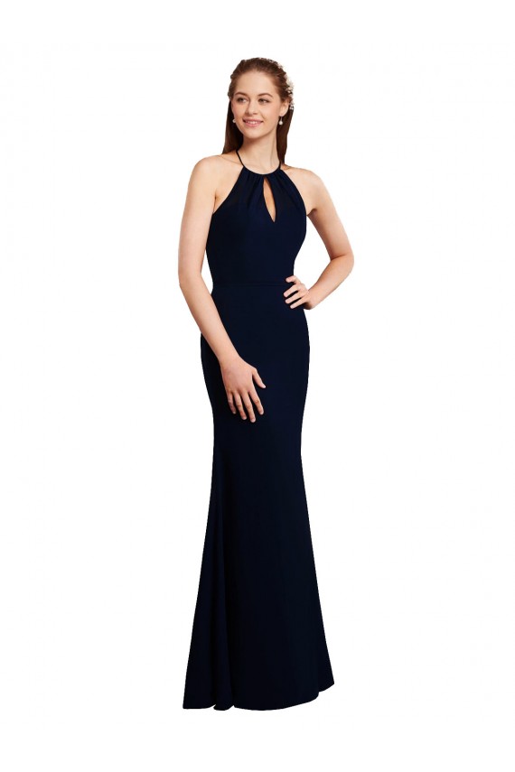 Boutique Bleu marine foncé Sirène Licou Mousseline Longue Robes demoiselle d'honneur