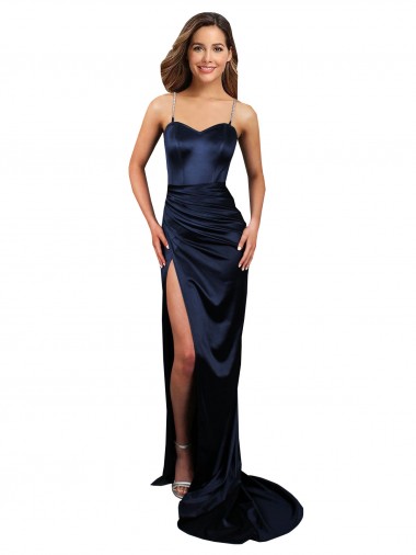 Boutique Bleu marine foncé Sirène Satiné Stretch Longue Formelles Robes demoiselle d'honneur / Robes de soirée / Robes de bal