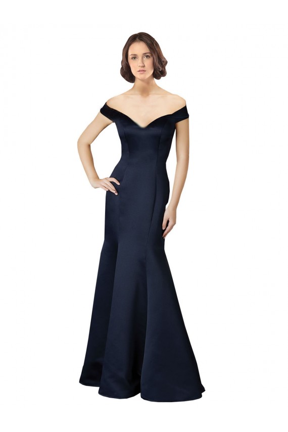 Boutique Bleu marine foncé Sirène Épaule Dénudée Col V Satiné Longue Robes demoiselle d'honneur / Robes de bal