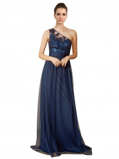Boutique Bleu marine foncé Trapèze Balayage train Tulle Longue Robes demoiselle d'honneur