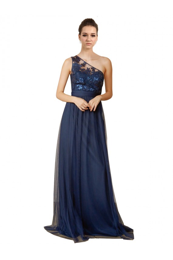 Boutique Bleu marine foncé Trapèze Balayage train Tulle Longue Robes demoiselle d'honneur