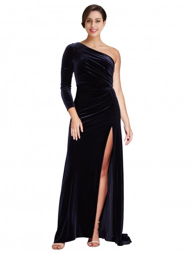 Boutique Bleu marine foncé Trapèze Balayage train Velours Stretch Longue Formelles Robes demoiselle d'honneur / Robes de soirée / Robes de bal