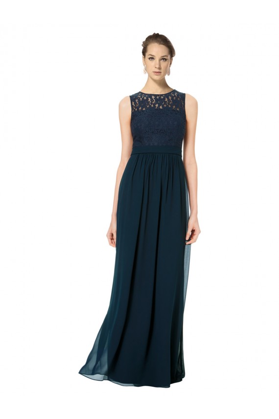Boutique Bleu marine foncé Trapèze Bateau Illusion Mousseline Dentelle Longue Robes demoiselle d'honneur