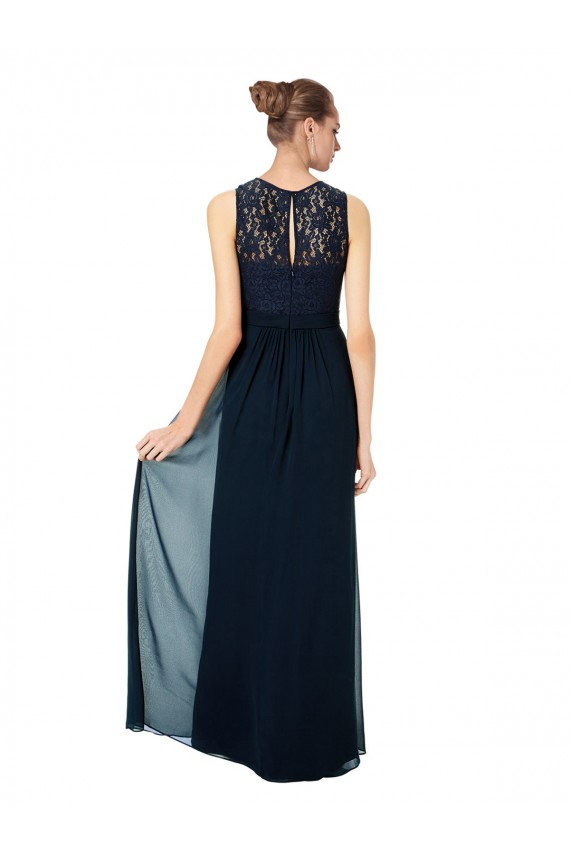 Boutique Bleu marine foncé Trapèze Bateau Illusion Mousseline Dentelle Longue Robes demoiselle d'honneur