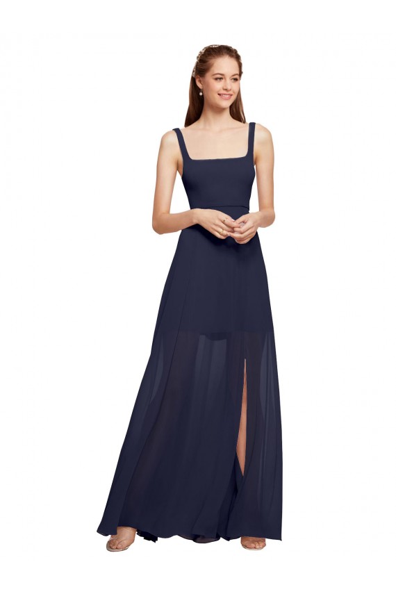Boutique Bleu marine foncé Trapèze Bretelles spaghetti Col Carré Mousseline Longue Robes demoiselle d'honneur