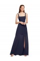 Boutique Bleu marine foncé Trapèze Bretelles spaghetti Col Carré Mousseline Longue Robes demoiselle d'honneur