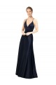 Boutique Bleu marine foncé Trapèze Bretelles spaghetti Col V Satiné Longue Robes demoiselle d'honneur / Robes de bal