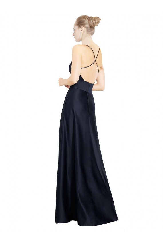 Boutique Bleu marine foncé Trapèze Bretelles spaghetti Col V Satiné Longue Robes demoiselle d'honneur / Robes de bal